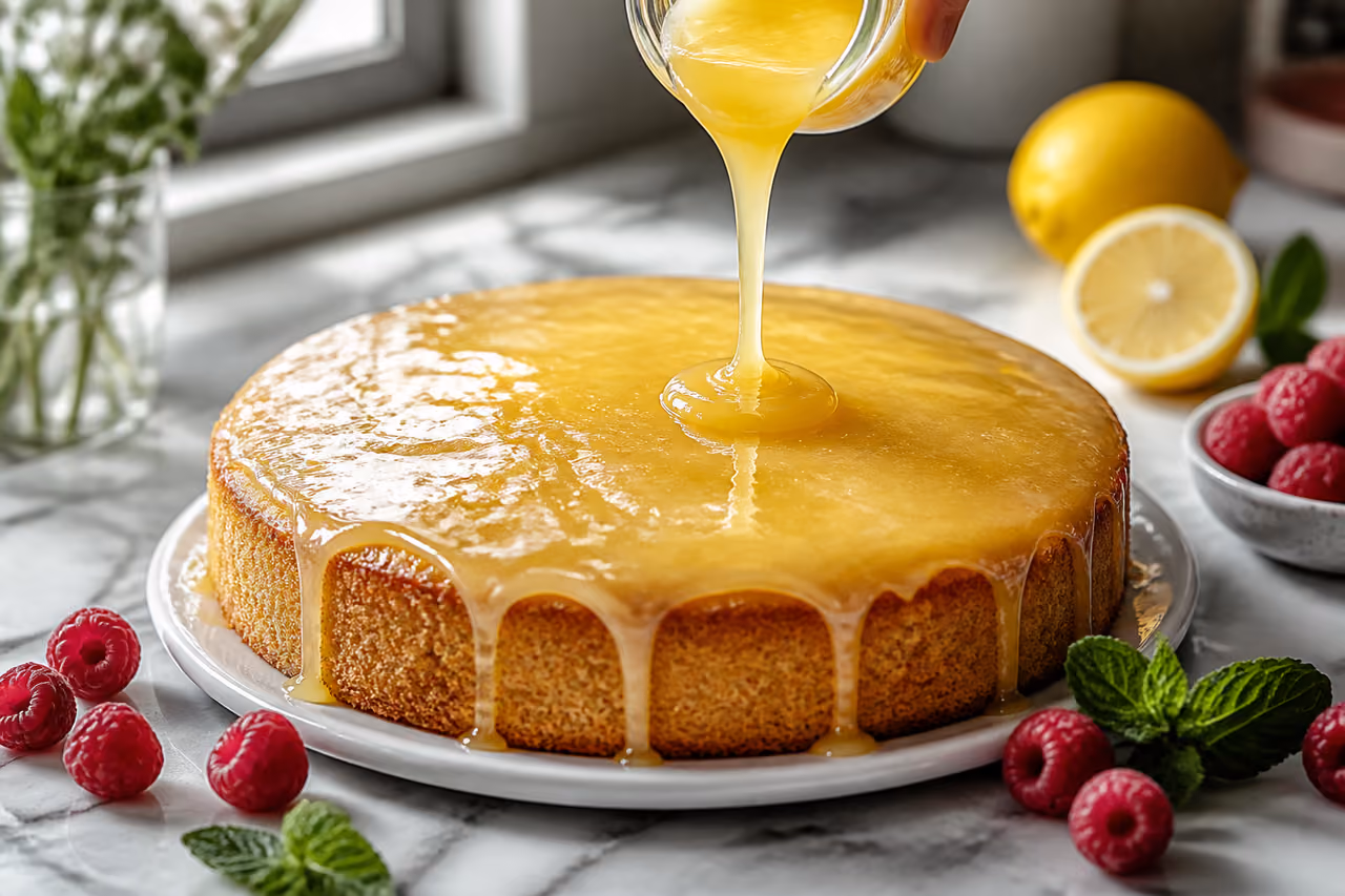 Fruit Glaze Pouring Over a Fresh Lemon Cake