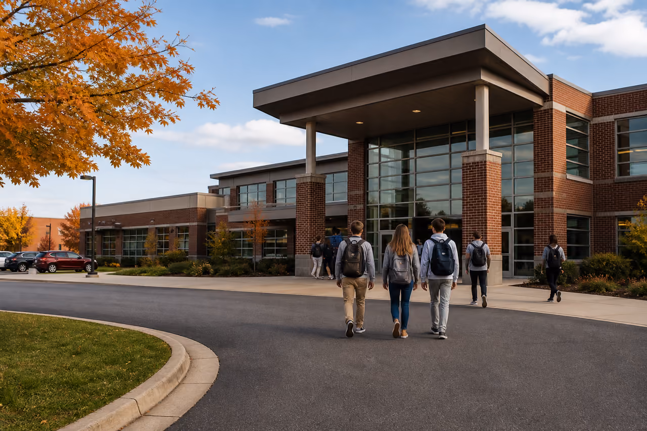 Students Walking Toward Modern Brick High School Campus
