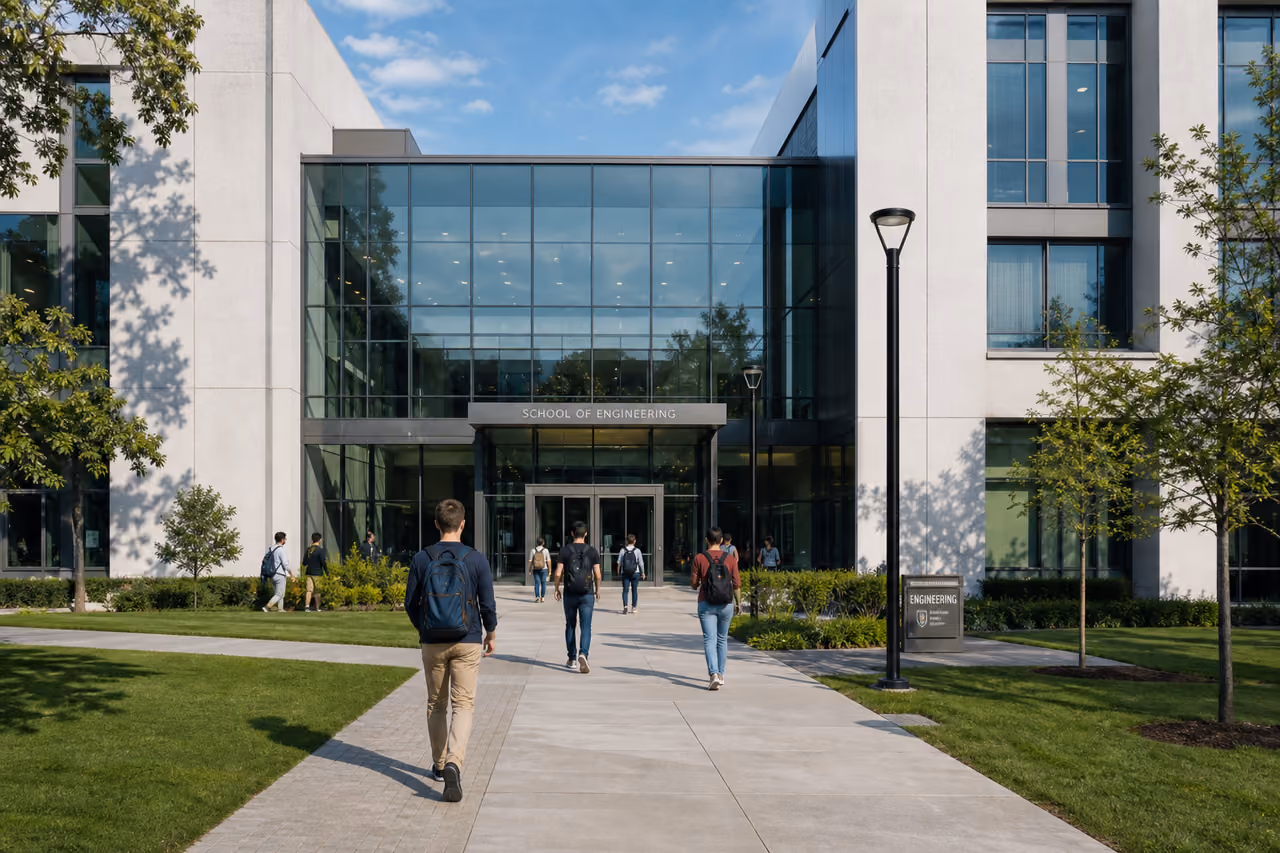 Students Walking Toward Modern University Building at Tamuc