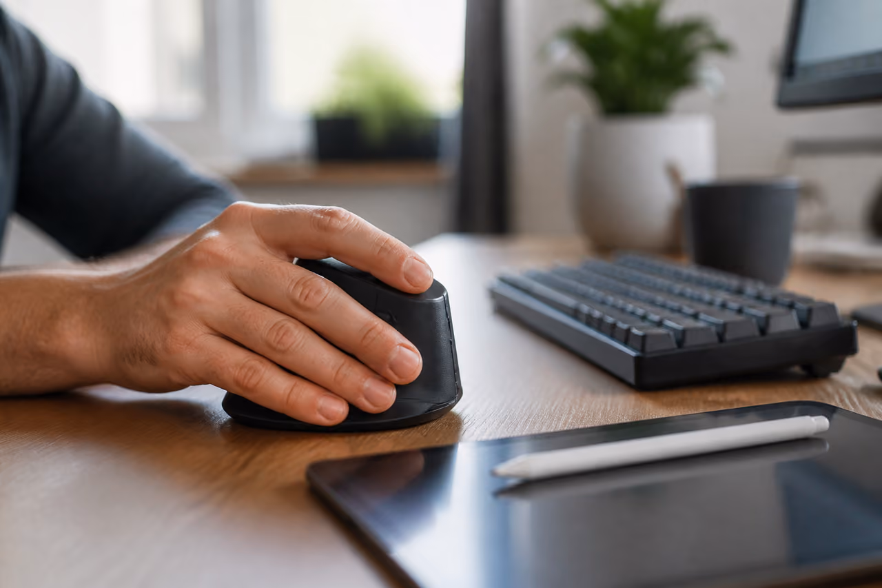Person Using Ergonomic Vertical Mouse on Wooden Desk