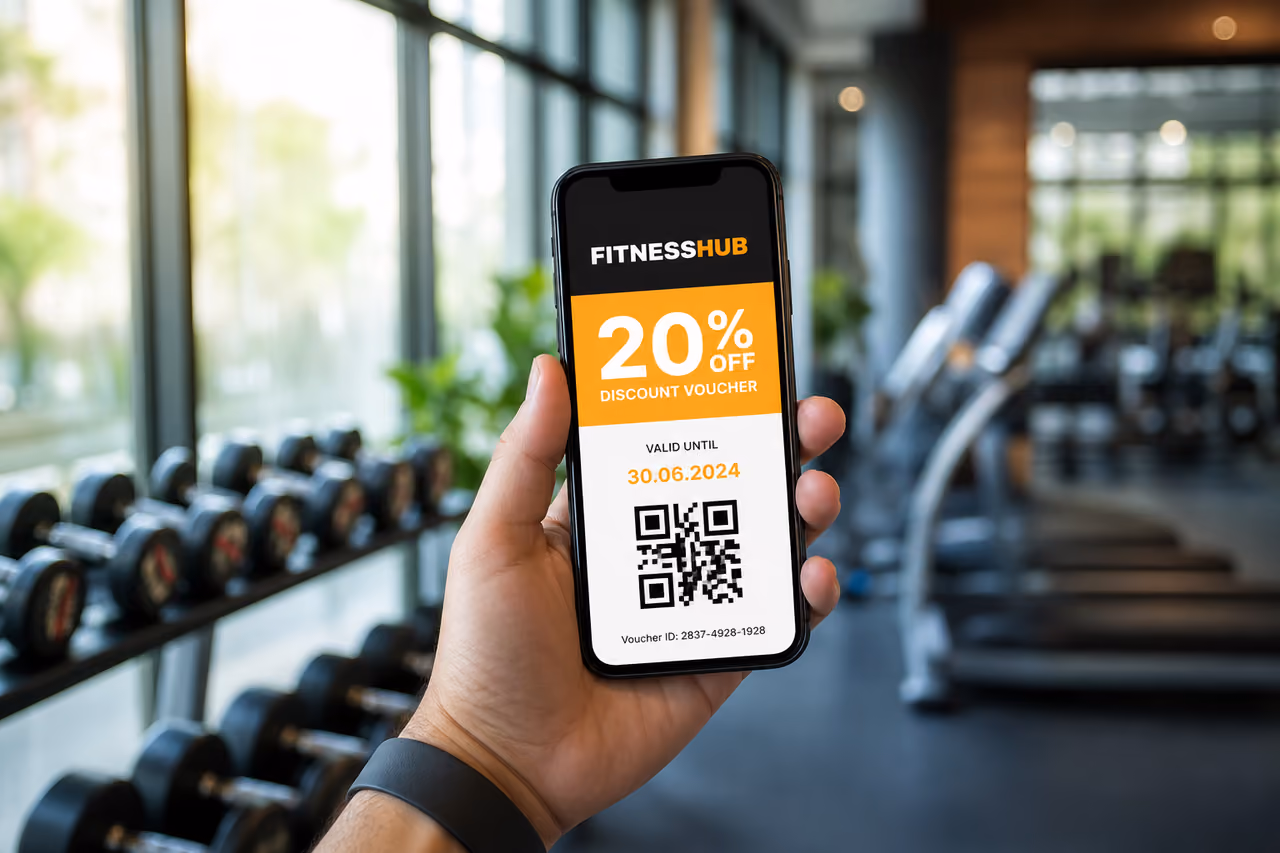 Person Holding Smartphone with Digital Coupon in Fitness Center