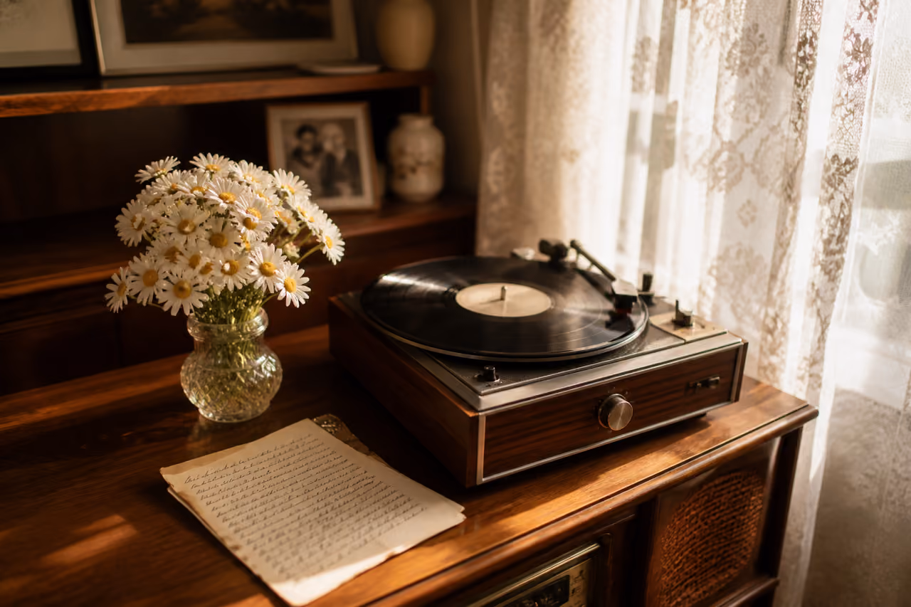Vintage Record Player and Flowers in Sunlit 1960s Room