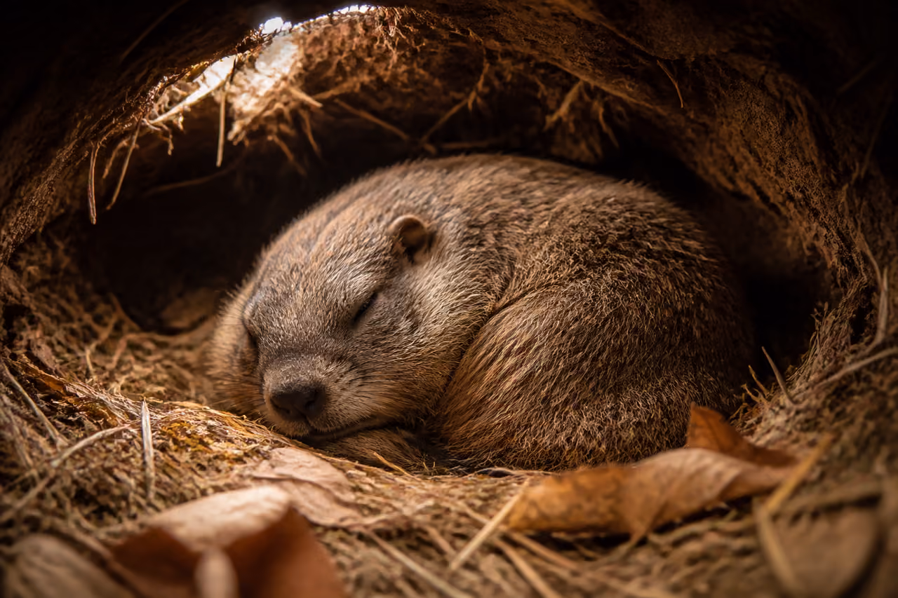 Sleeping Groundhog Nestled in Underground Winter Burrow