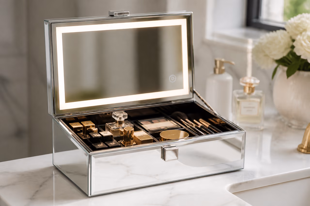 Luxury Mirrored Vanity Box with Cosmetics on Marble Counter