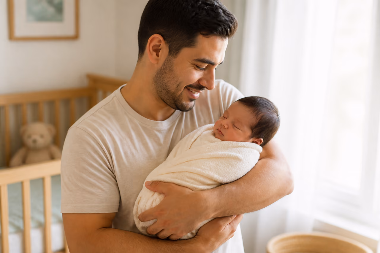 Hispanic Father Holding His Newborn Son in a Sunlit Nursery