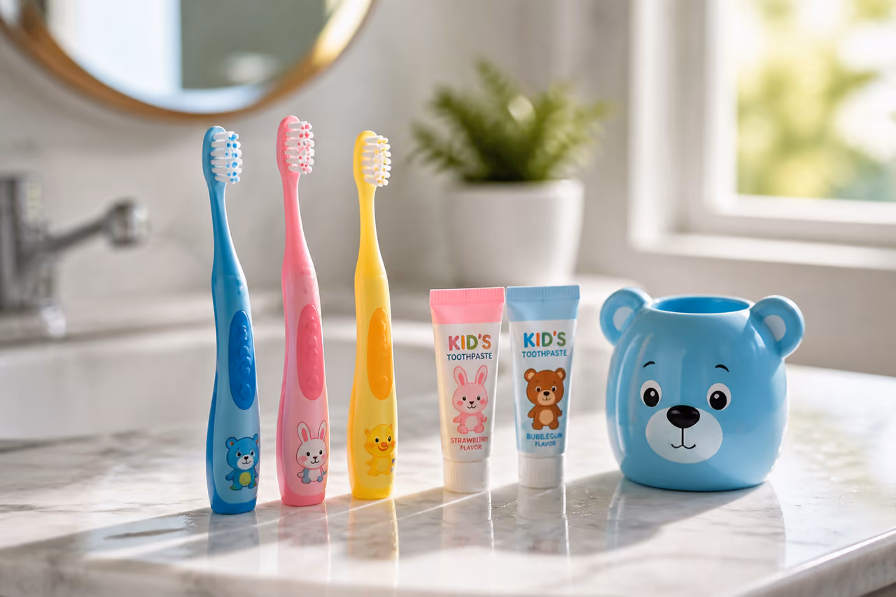 Colorful Toothbrush Set Kids on a Marble Bathroom Counter