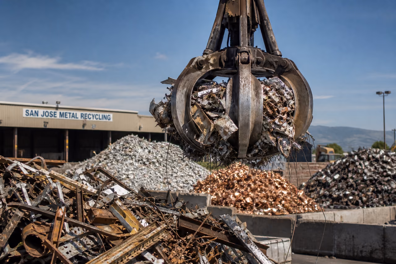Industrial Claw Crane Lifting Scrap Metal at Recycling Facility