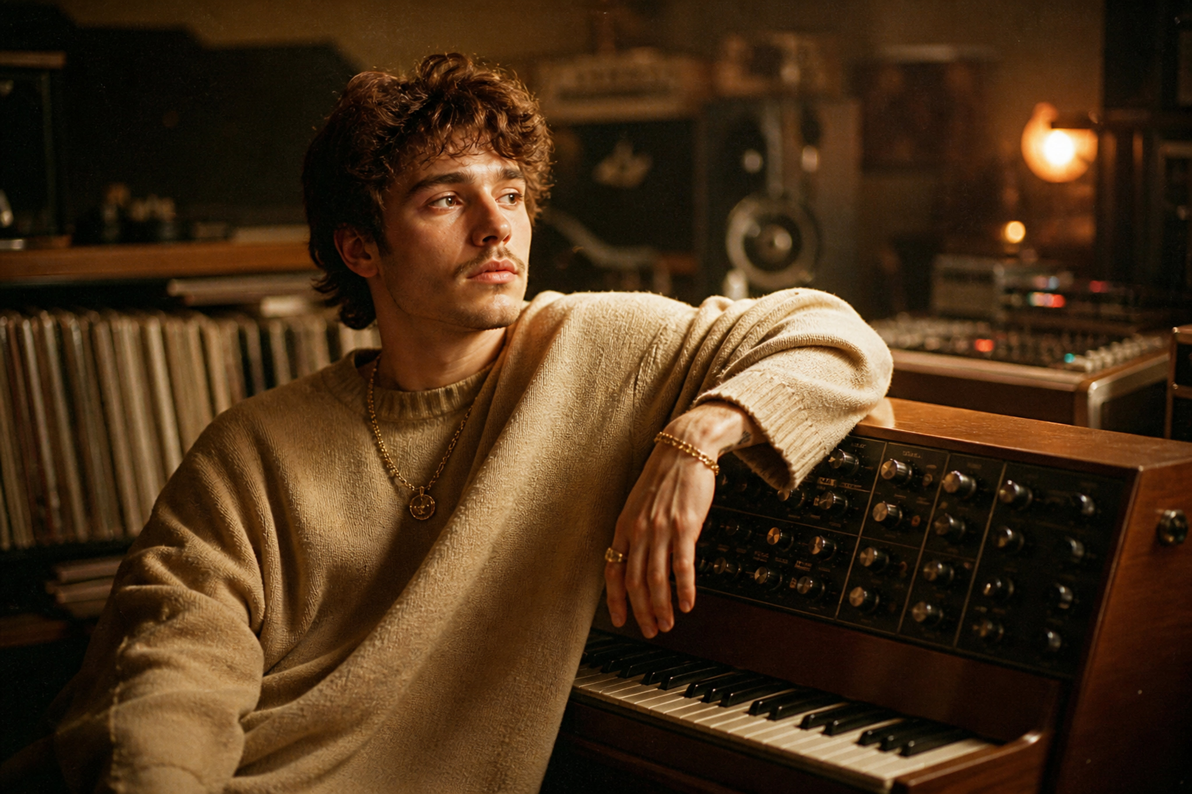 Musician Reflecting Beside Vintage Synthesizer in Moody Studio