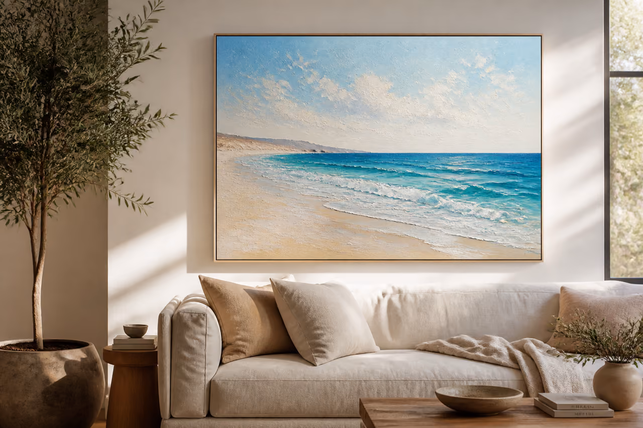 Framed Sea View Art Hanging in a Minimalist Living Room