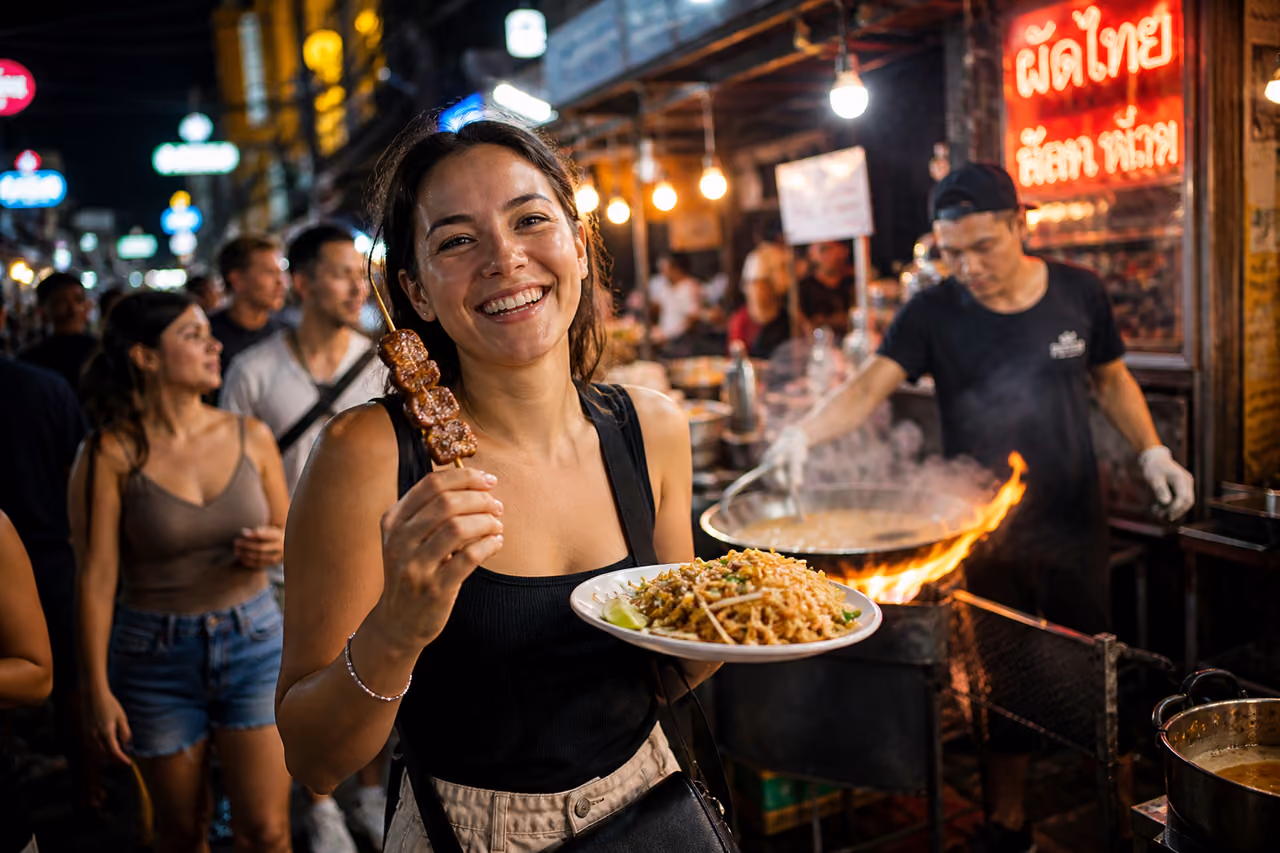 Tourists Sampling Street Food at a Bangkok Night Market