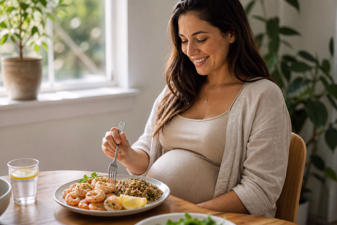 Pregnant Woman Eating Steamed Prawns in a Sunlit Kitchen