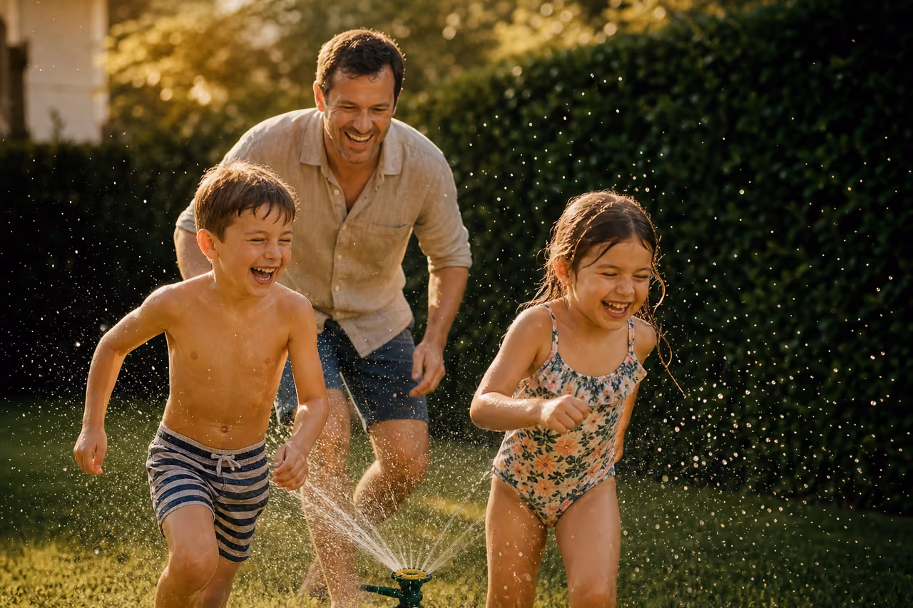 Father Laughing with His Children in a Sunny Backyard