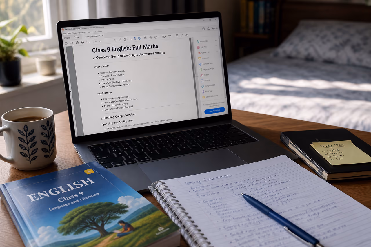 Student Studying English PDF on Laptop at Desk