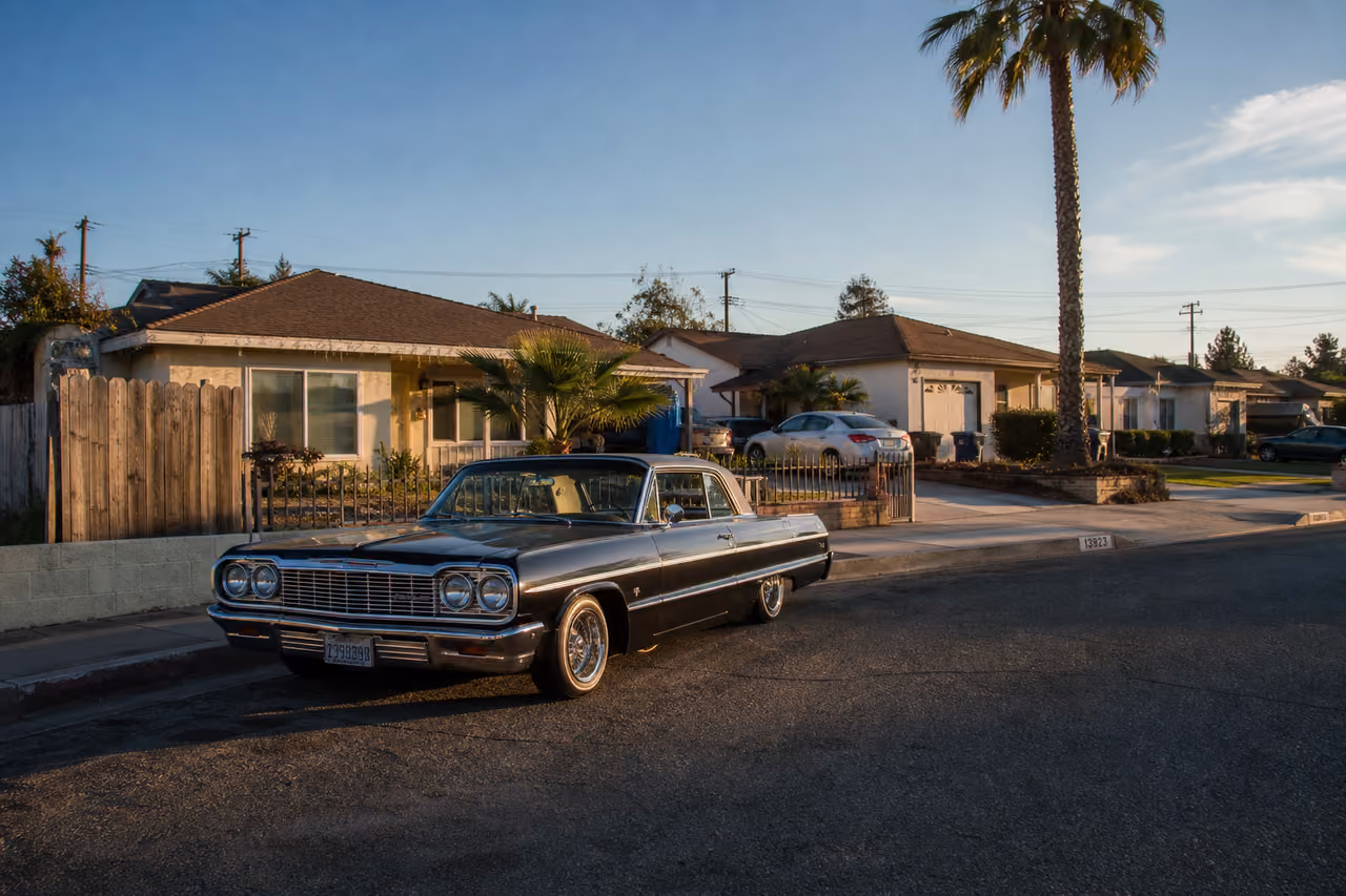 Lowrider Car Parked in a Sunny Suburban Cul-De-Sac