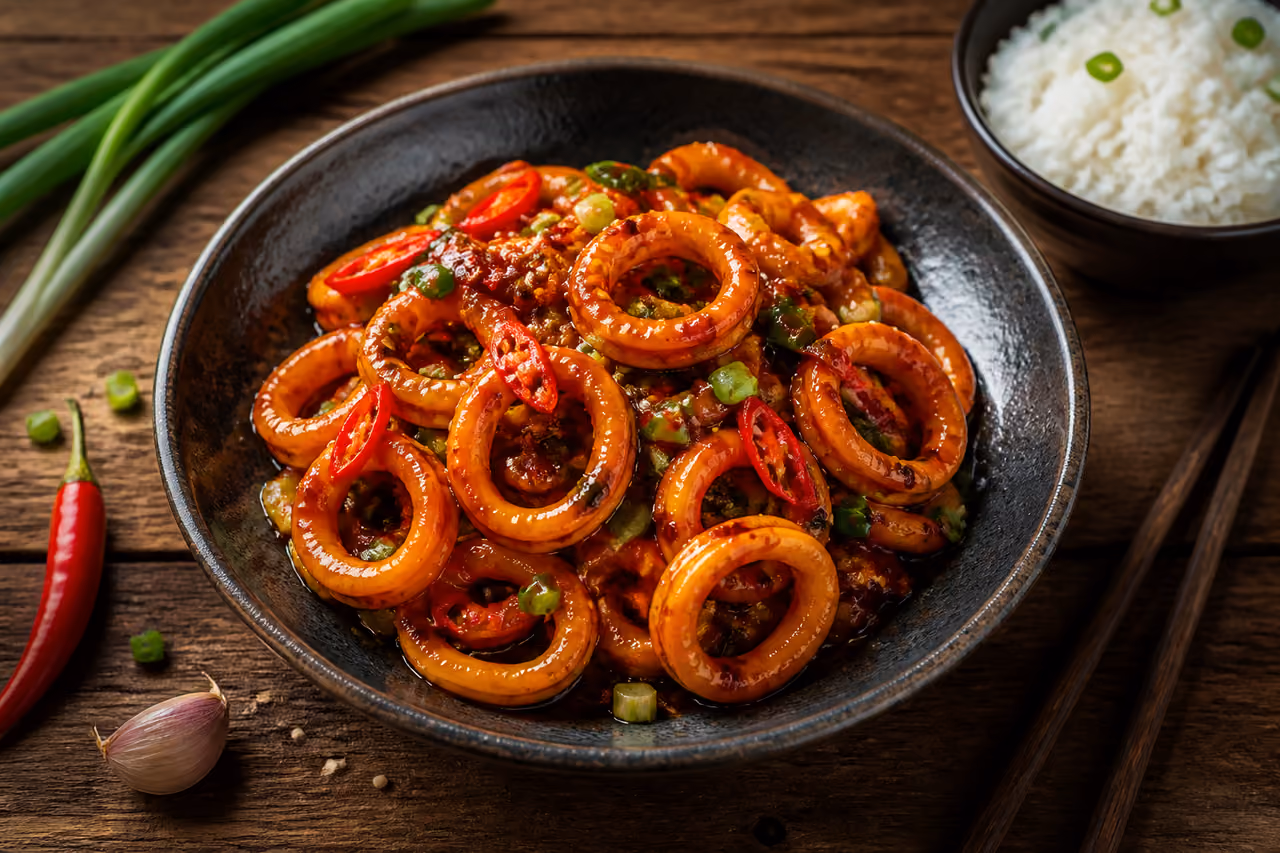 Spicy Chinese Chilli Squid with Rice and Chopsticks