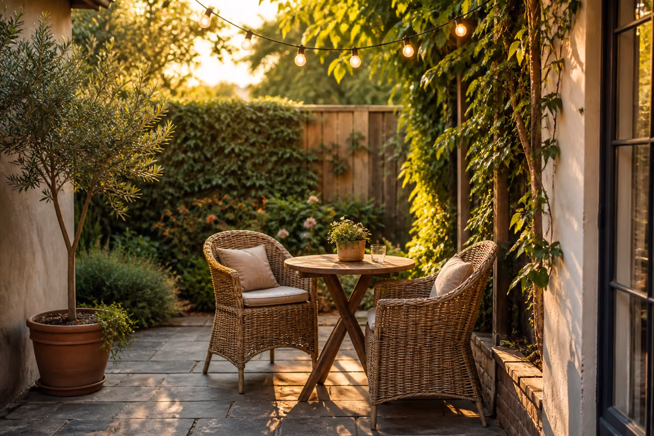 Cozy Small Outdoor Patio with Rattan Furniture and String Lights