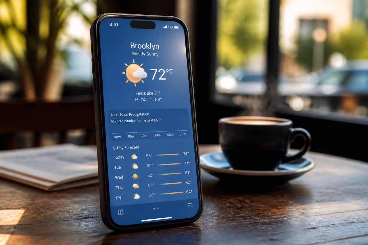Smartphone Displaying Weather Report on a Cafe Table