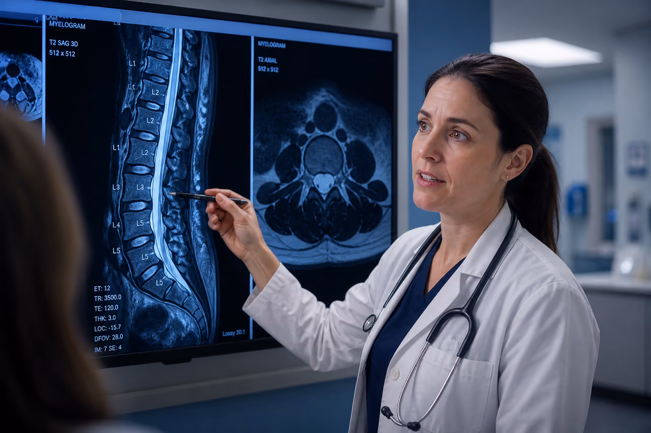 Radiologist Explaining a Myelogram Scan in a Hospital