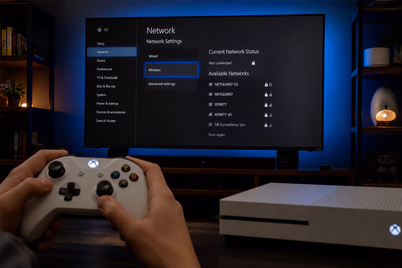 Person Connecting Xbox One S to Wireless Network