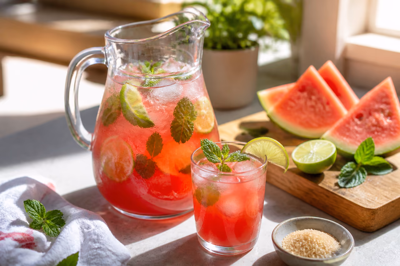 Fresh Watermelon and Lime Agua Fresca in a Glass Pitcher