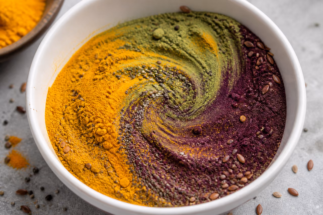 Colorful Superfood Powders and Seeds in a Total Blend