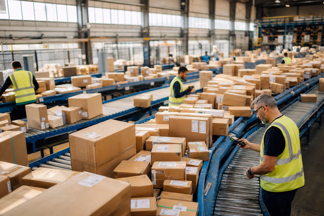 Logistics Workers Managing a Surge of Packages in a Warehouse