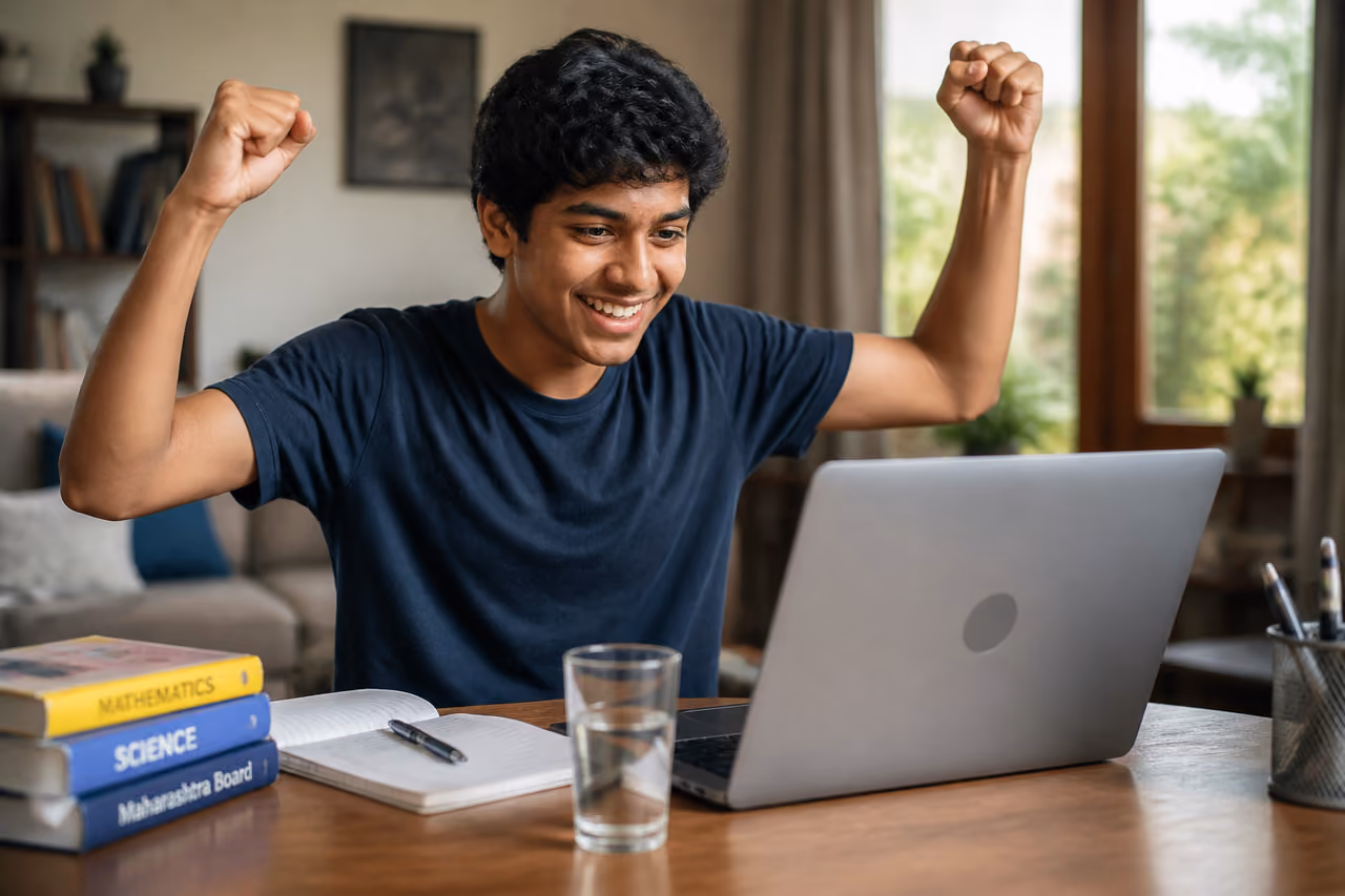 Indian Student Celebrating Maharashtra Board Ssc Results at Home