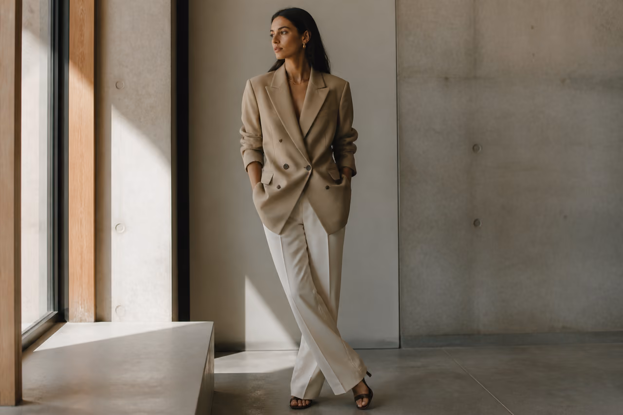 Elegant Woman in Minimalist Fashion Posing in Modern Architecture