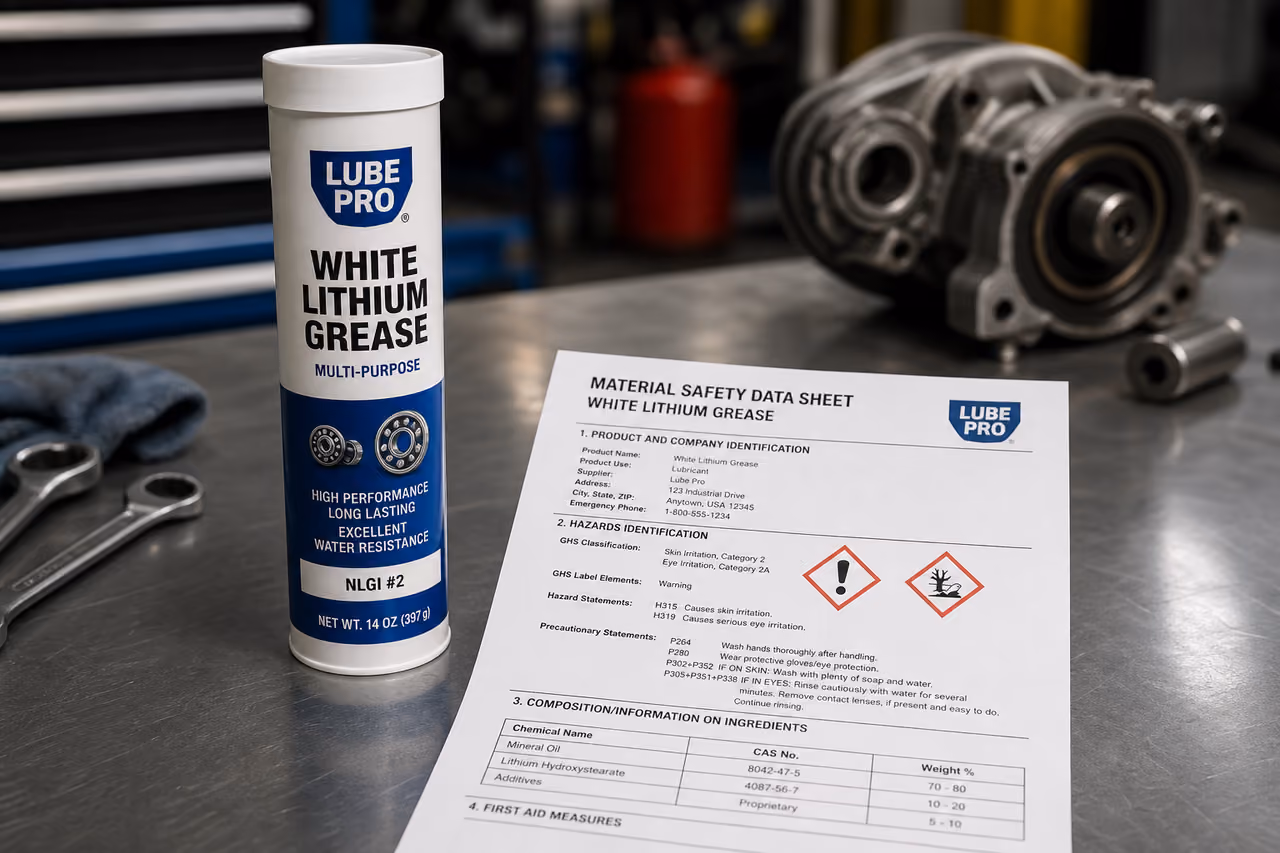 White Lithium Grease Tube and Msds Document on Industrial Workbench