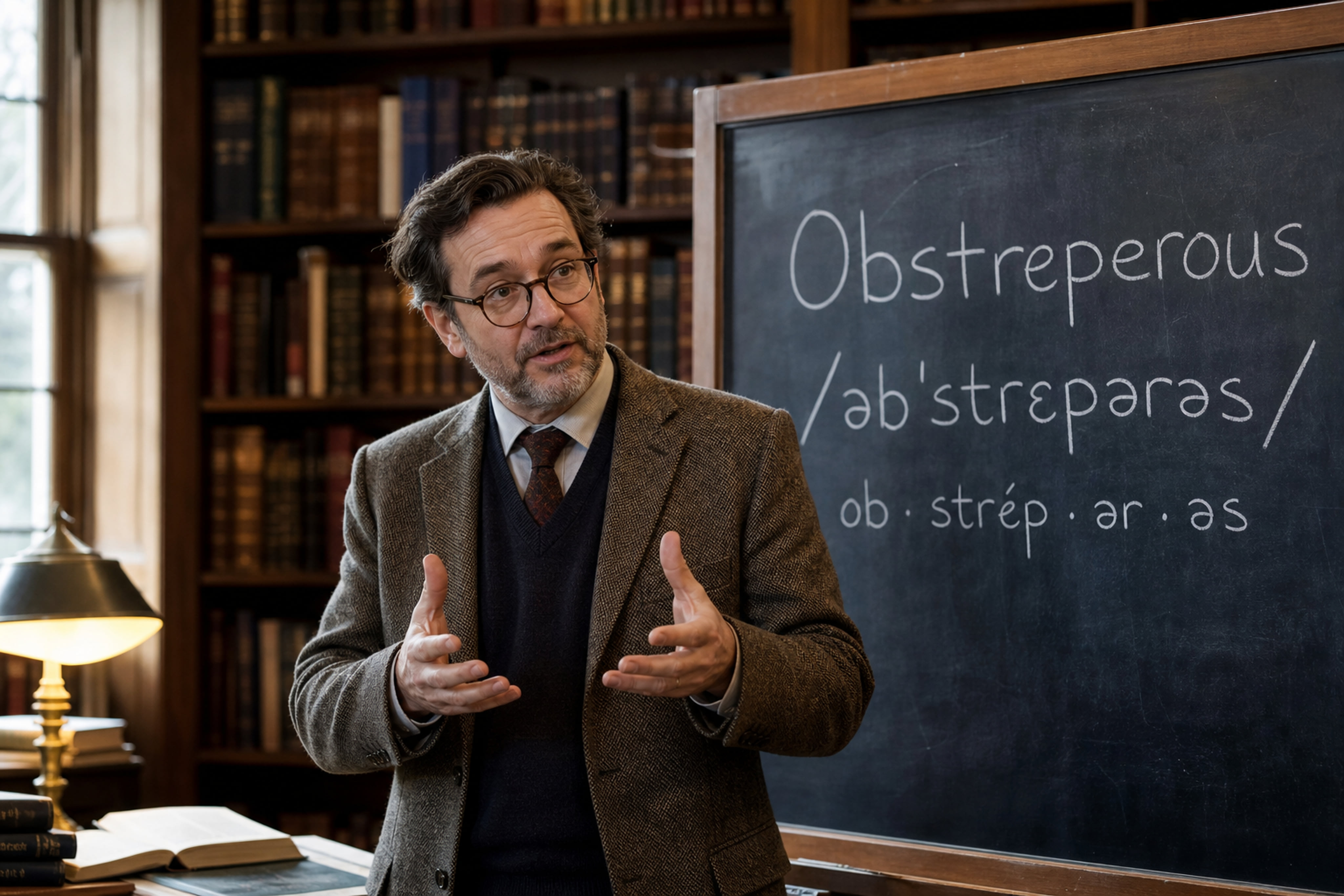 Professor Explaining the Pronunciation of Obstreperous on a Chalkboard