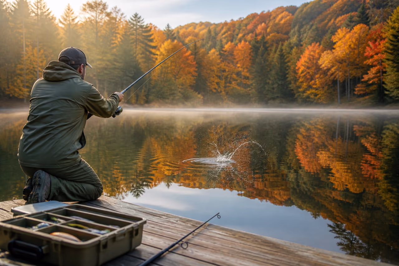 Fisherman Casting a Lure Into an Autumn Lake