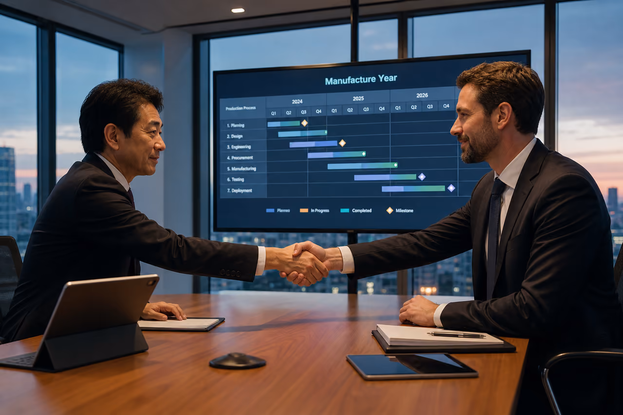 Business Partners Reviewing Manufacturing Year Schedule in Tokyo