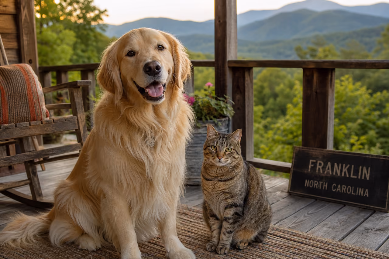 Dog and Cat Sitting on a Porch Overlooking the Smoky Mountains