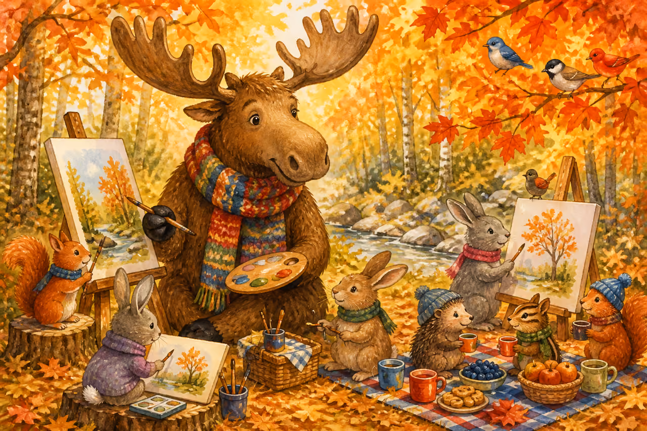 Friendly Moose and Woodland Animals Engaging in Forest Activities