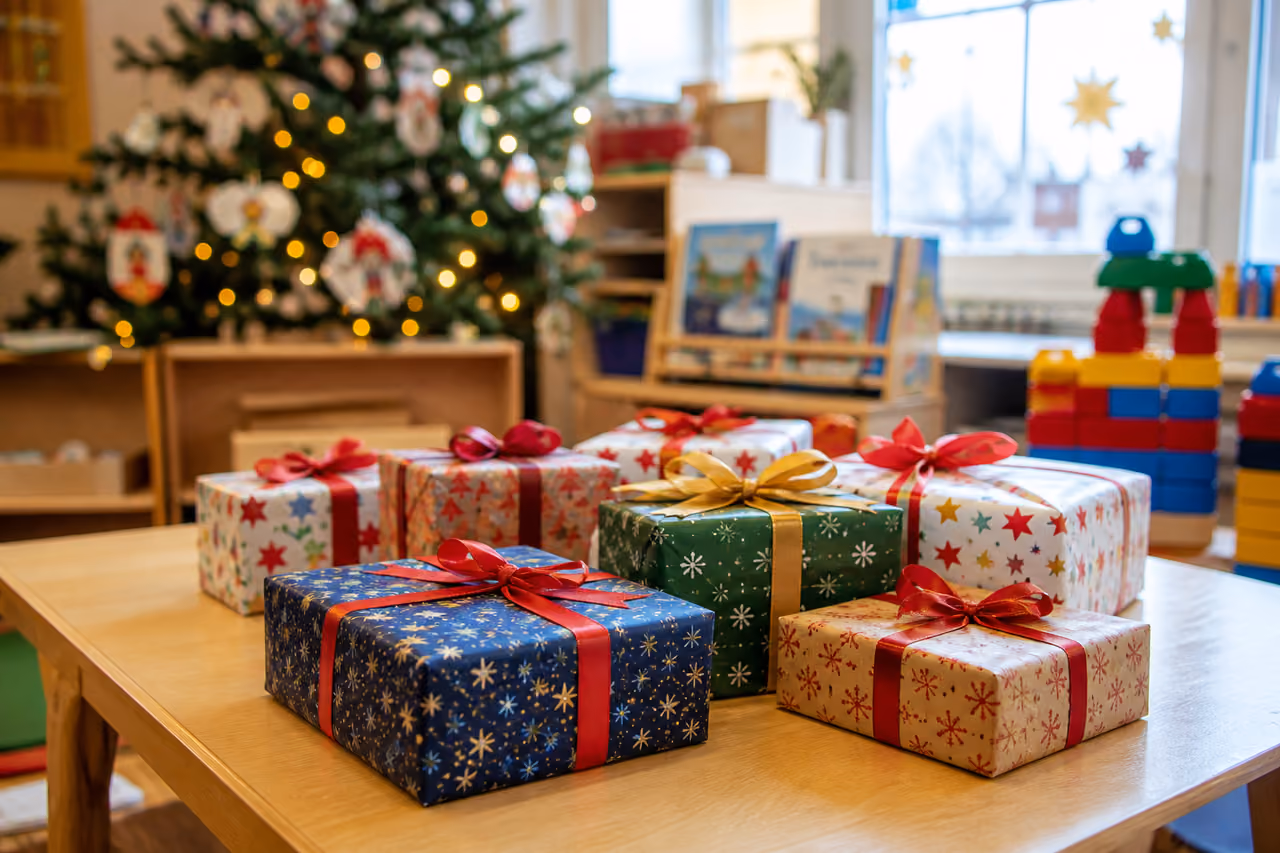 Wrapped Christmas Gifts on a Table in a Daycare Classroom