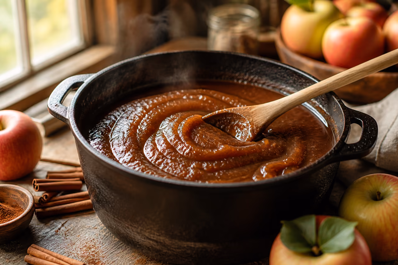Apple Butter Simmering in a Cast Iron Dutch Oven