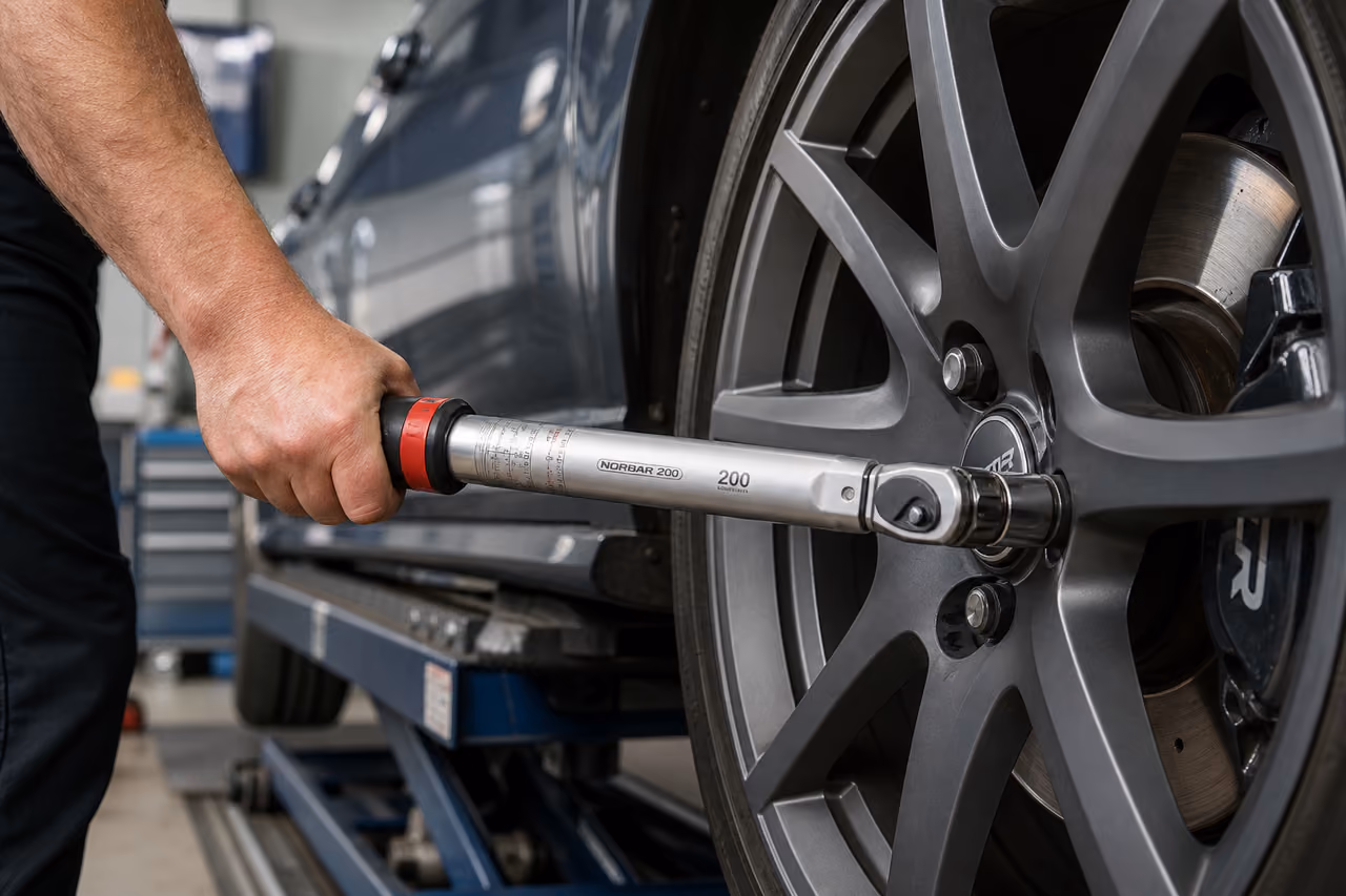 Mechanic Using a Torque Wrench on a Car Wheel