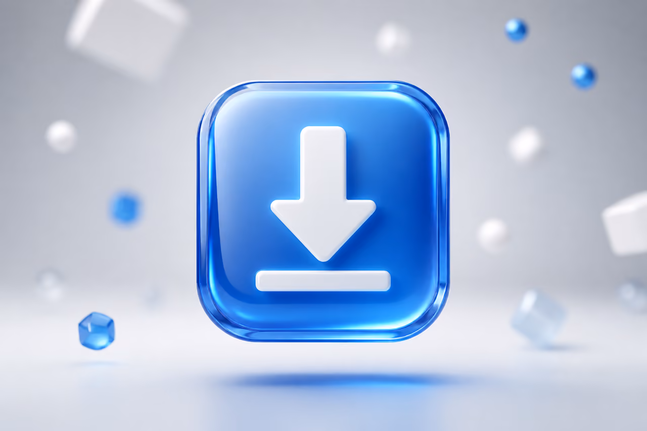 3D Blue Download Button Icon on Minimalist Background