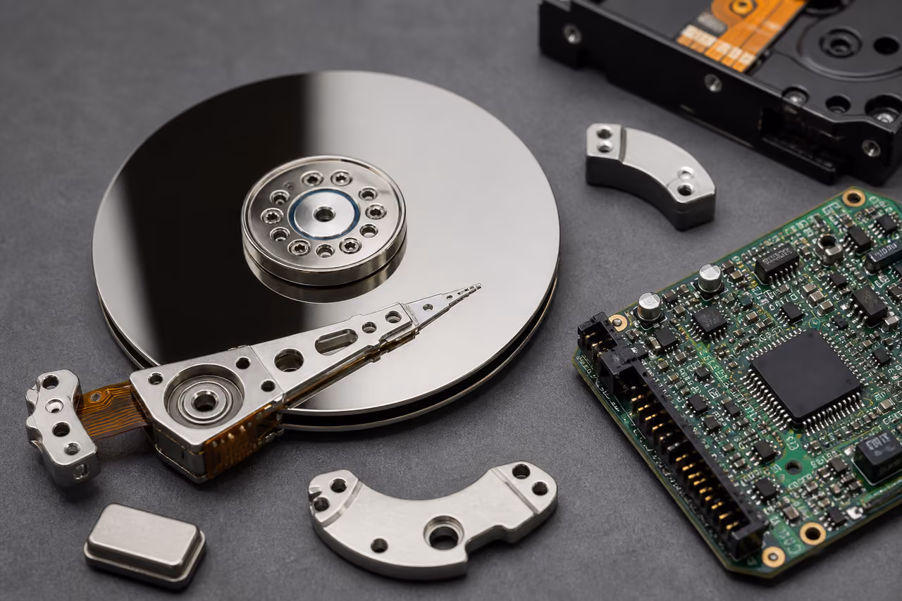 Disassembled Computer Hard Disk Parts on Industrial Workbench