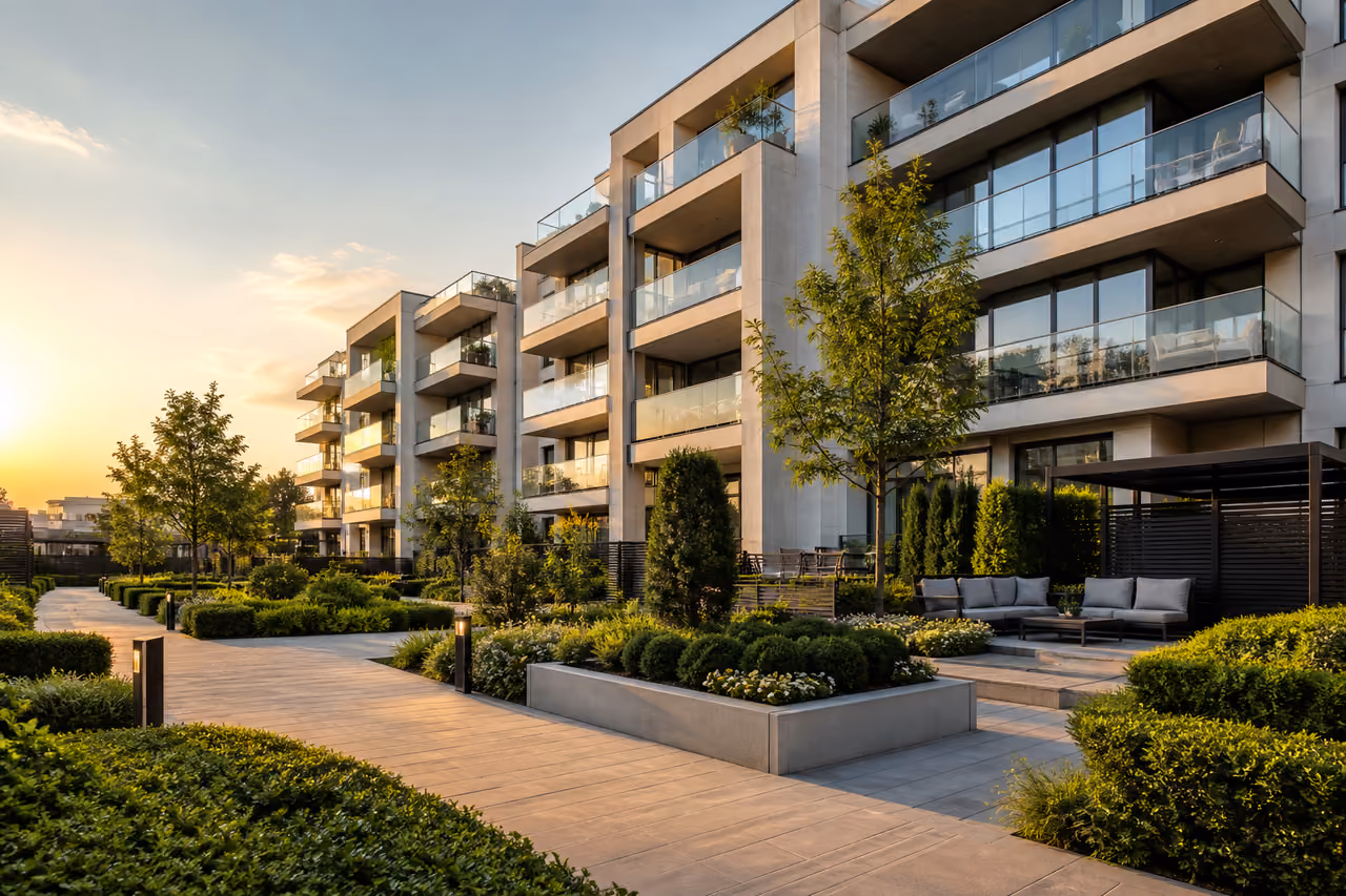 Modern Residential Condominium Complex with Landscaped Gardens