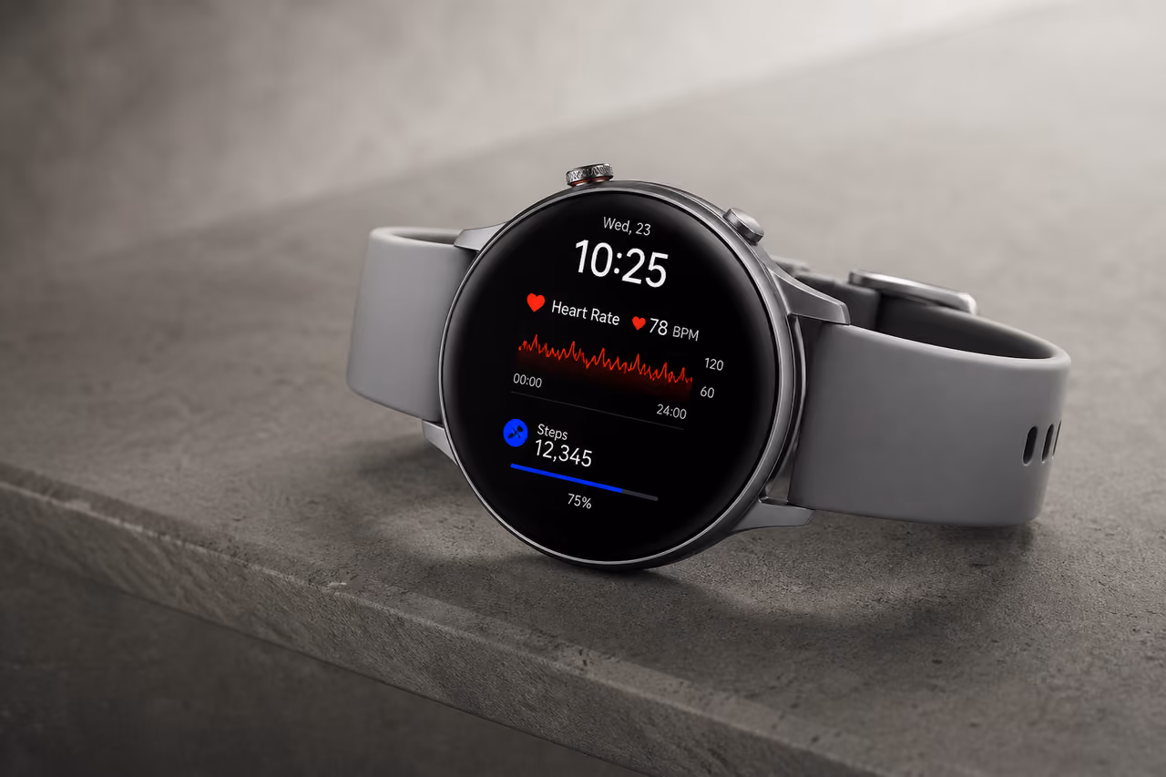 Modern Smartwatch with Health Interface on Stone Surface