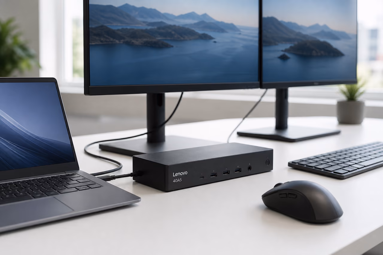 Lenovo 40a5 Docking Station Connected to Laptop and Dual Monitors