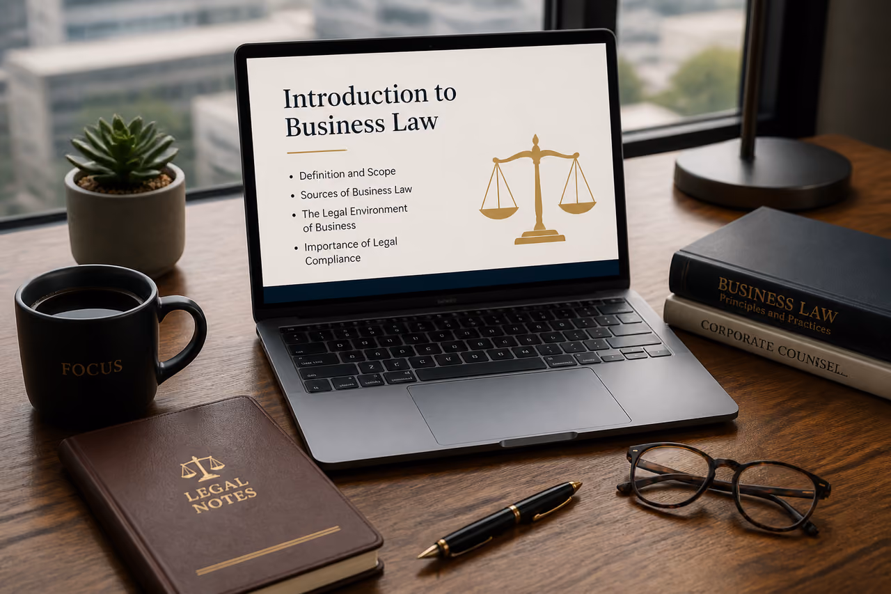 Laptop Displaying Introduction to Business Law Presentation on Office Desk