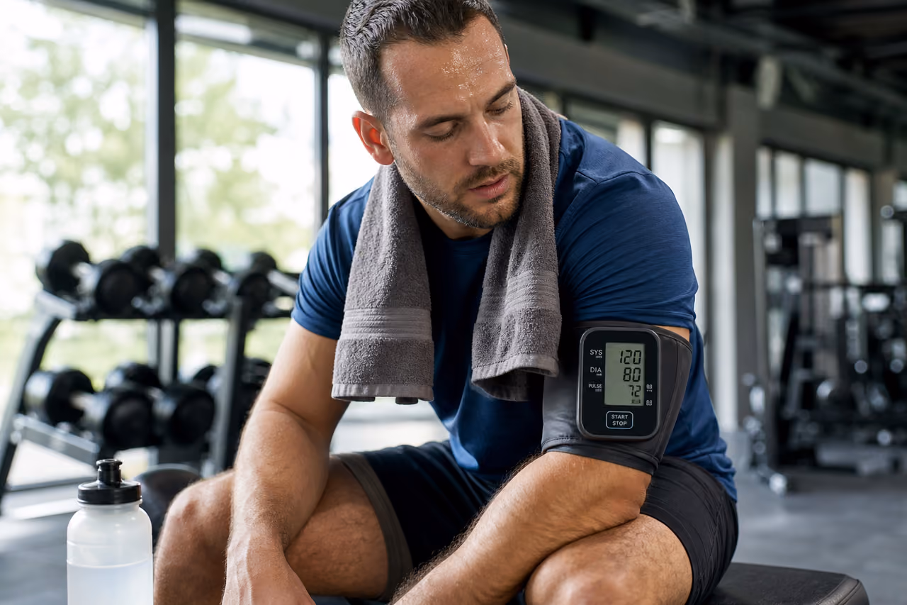 Athlete Checking Blood Pressure on a Gym Bench