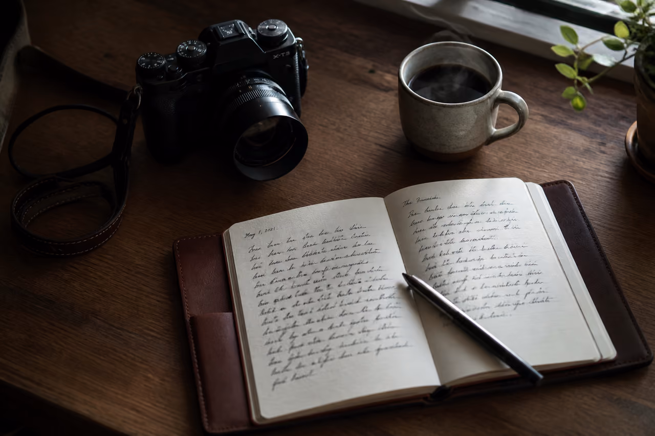 Professional Camera and Open Journal on a Wooden Desk