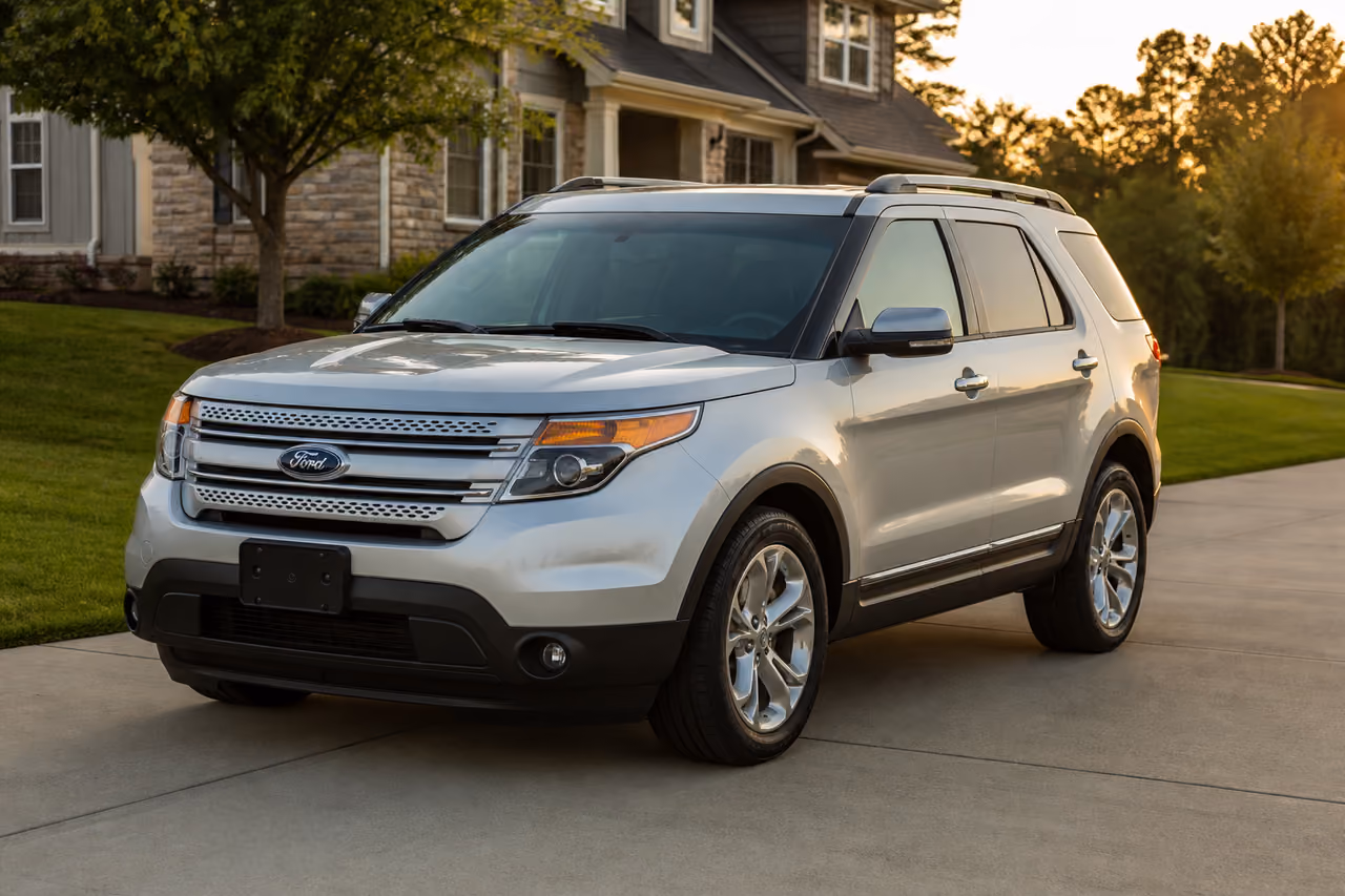 Silver Ford Explorer 2013 Parked on a Suburban Driveway