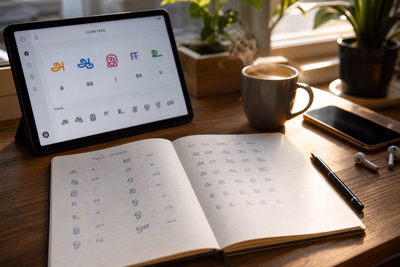 Student Studying Tamil Language with Notebook and Tablet