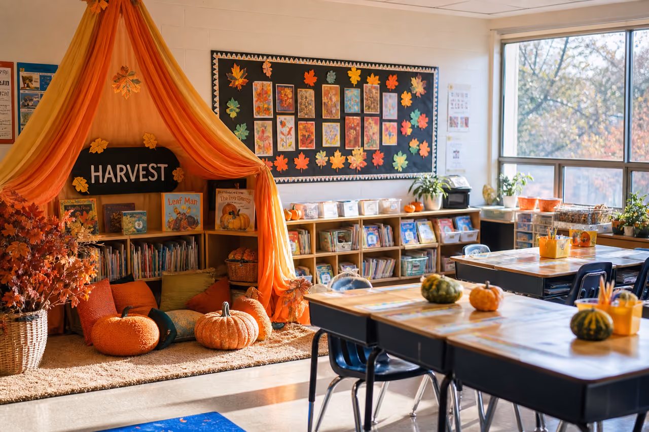 Elementary Classroom Decorated with Autumn Harvest Themes