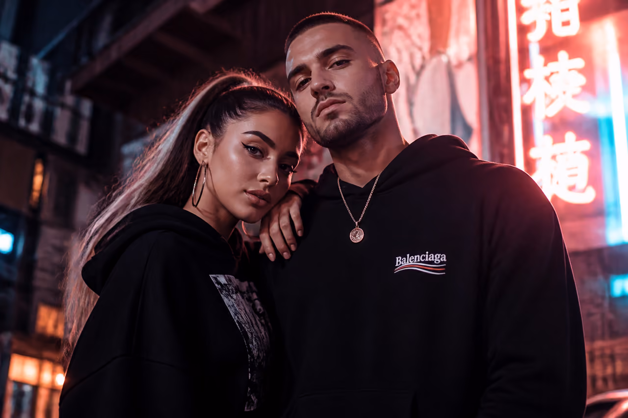 Glamorous Couple in Streetwear Embracing Under Urban Neon Lights
