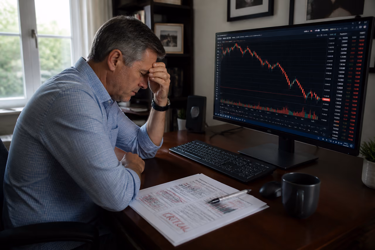 Stressed Investor Analyzing Market Crash in Home Office